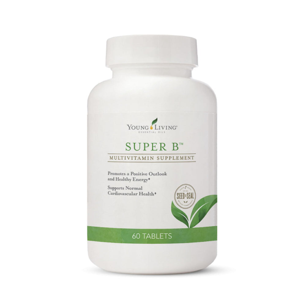Young Living Super B tablets bottle showing a complete B vitamin mix for energy support.