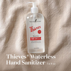 Close-up of the Thieves label on Young Living hand sanitizer showing natural branding.