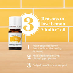 Young Living Vitality Lemon bottle close-up highlighting fragrant aroma for beverages.