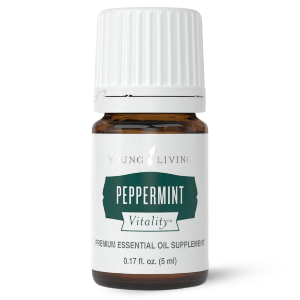 Young Living Vitality Peppermint 5ml bottle close-up showing pure oil for culinary use