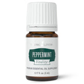 Young Living Vitality Peppermint 5ml bottle close-up showing pure oil for culinary use