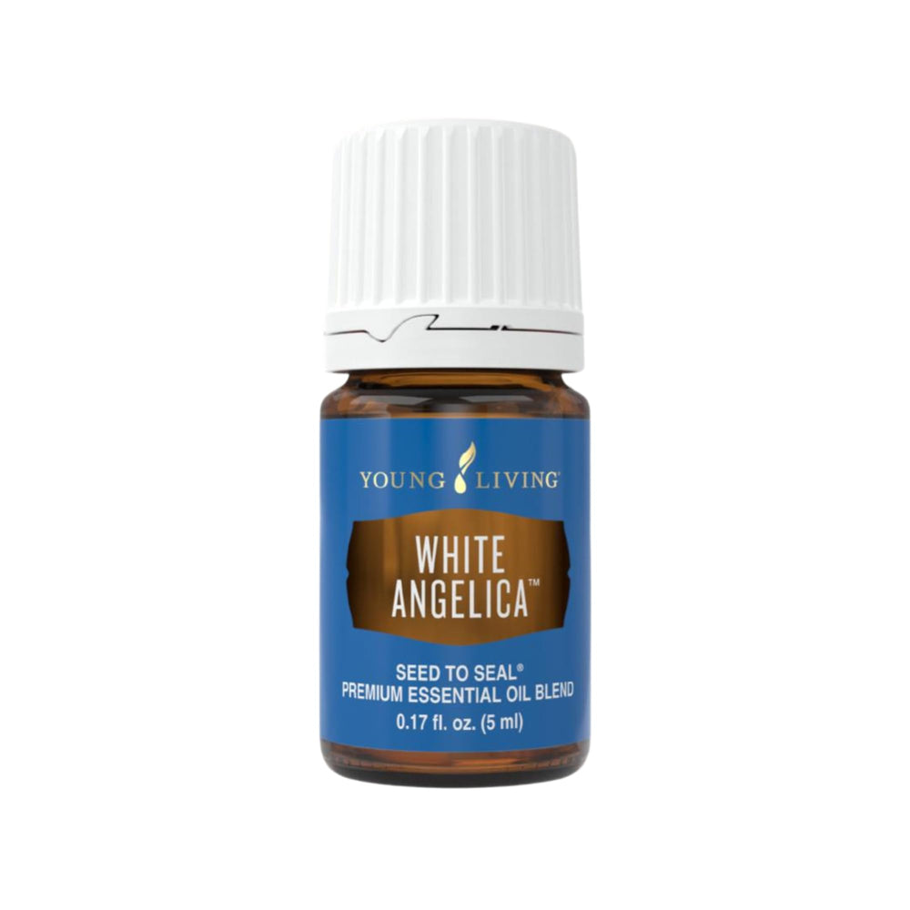 Young Living White Angelica 5ml bottle highlighting premium essential oil for calming rituals