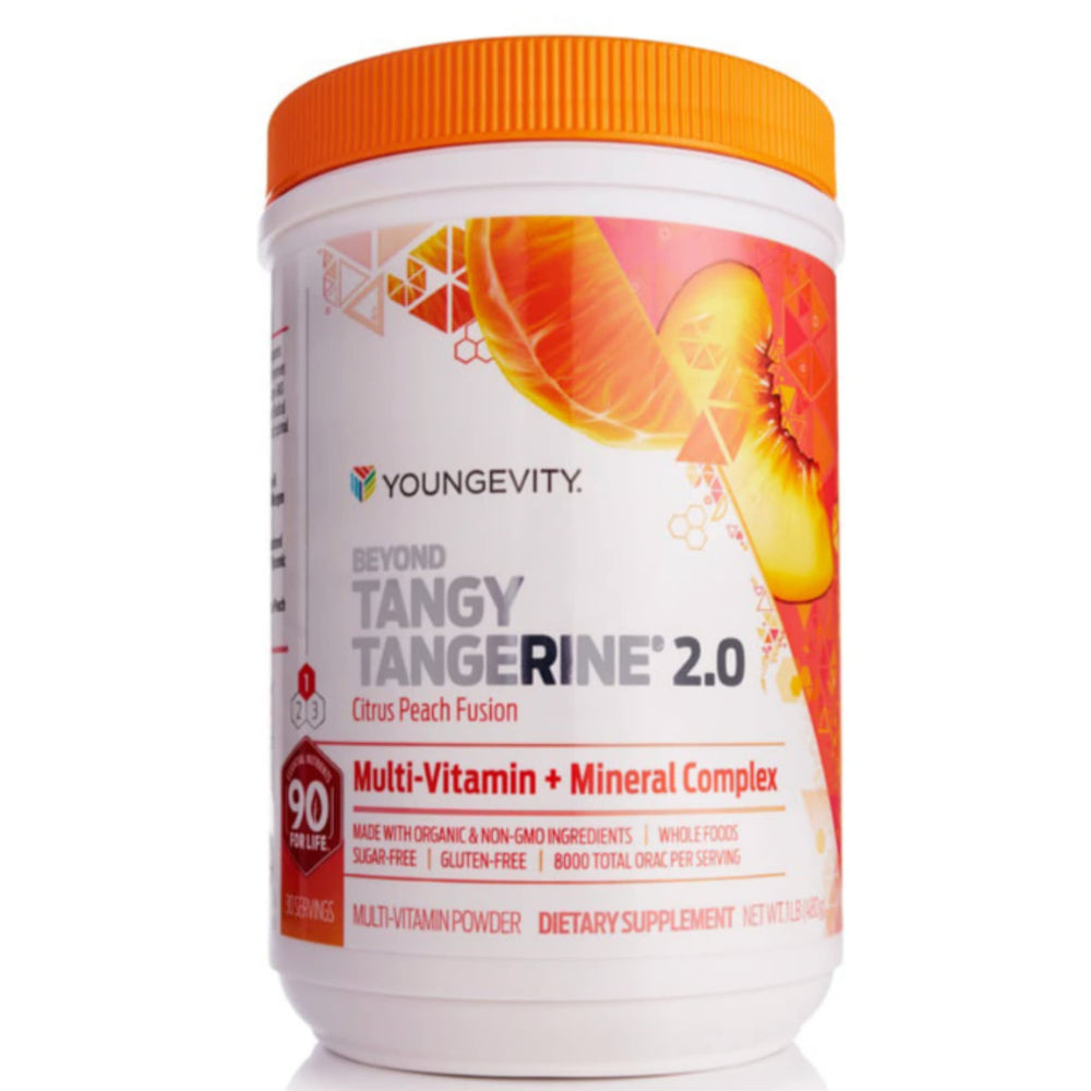 Youngevity Beyond Tangy Tangerine 2.0 citrus peach bottle with antioxidant-rich vitamins