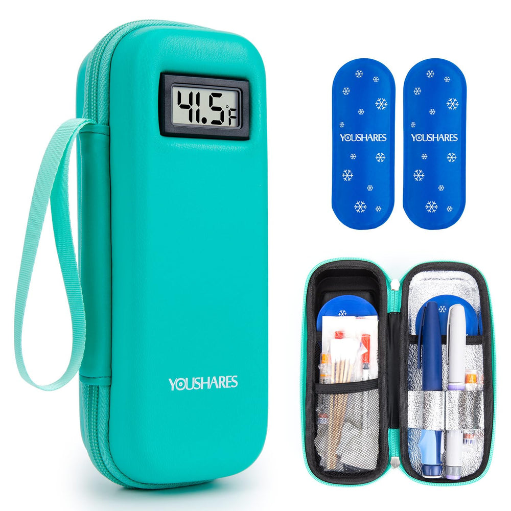 YOUSHARES insulin cooler travel case with temperature display showing real-time readings for safe storage