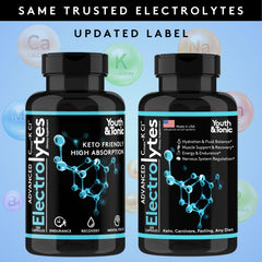 Youth & Tonic complete electrolyte pills bottle featuring easy-to-swallow, tasteless capsules for on-the-go hydration.