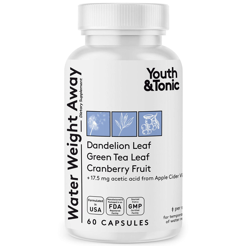 Youth & Tonic Natural Water Weight Away bottle pours, highlighting diuretic support for bloating relief.