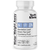 Youth & Tonic Natural Water Weight Away bottle pours, highlighting diuretic support for bloating relief.