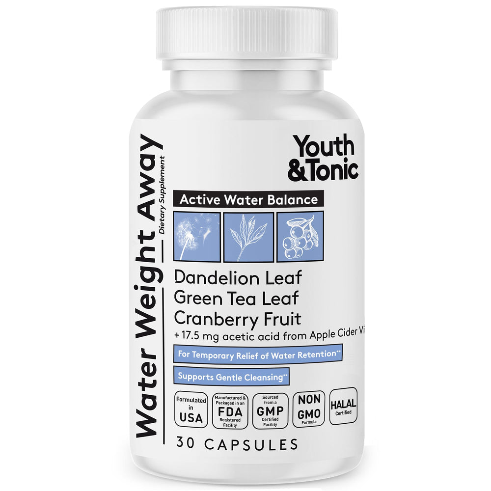 Youth & Tonic Water Weight Away bottle front showing herbal diuretic formula for bloating relief