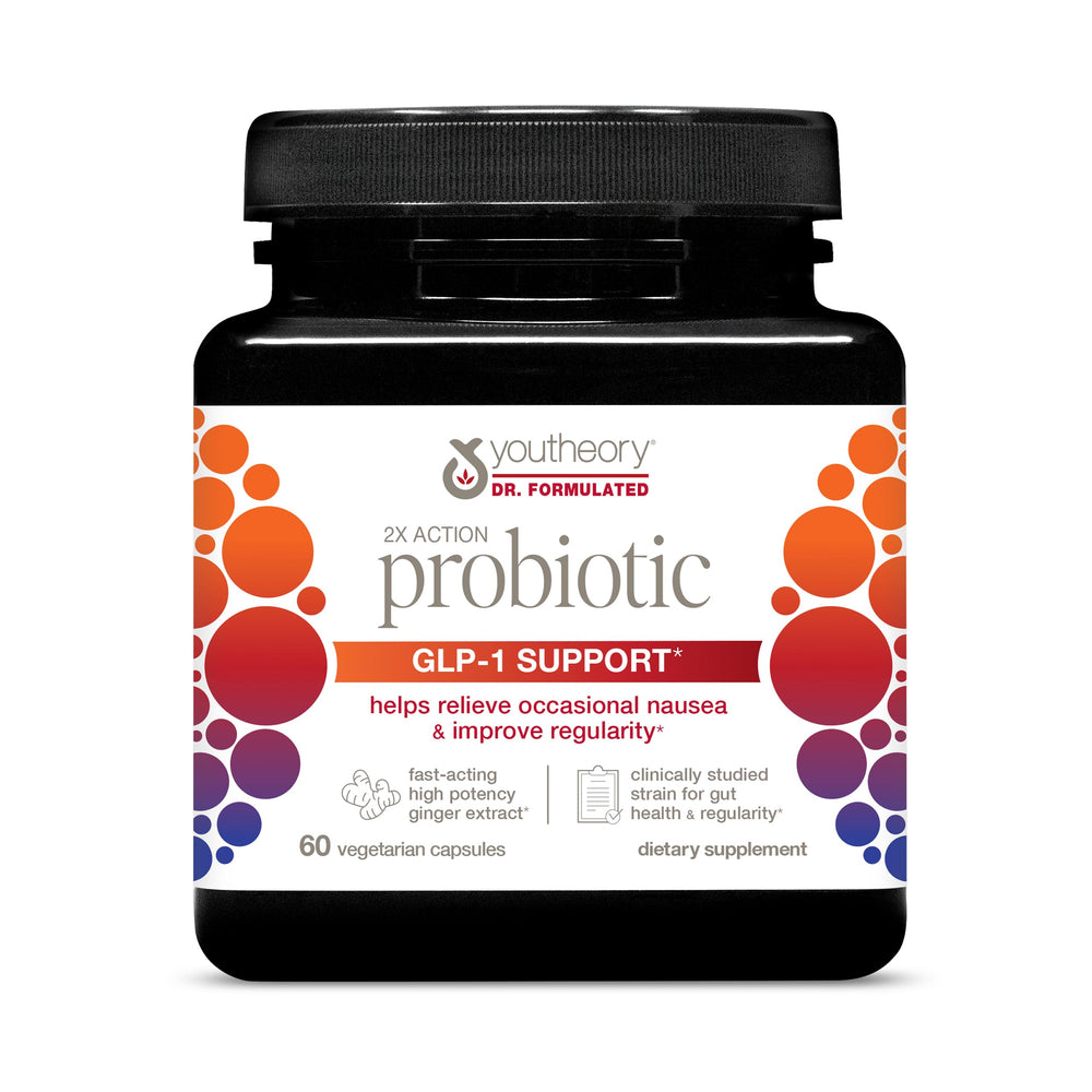 Youtheory 2X Action Probiotic bottle front shows gut support benefits.