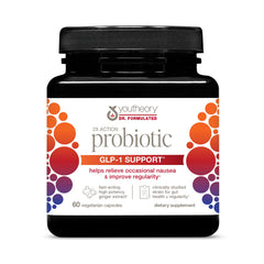 Youtheory 2X Action Probiotic bottle front shows gut support benefits.