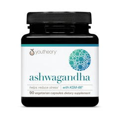 Youtheory Ashwagandha with organic KSM-66 bottle focus, showcasing potency and quality