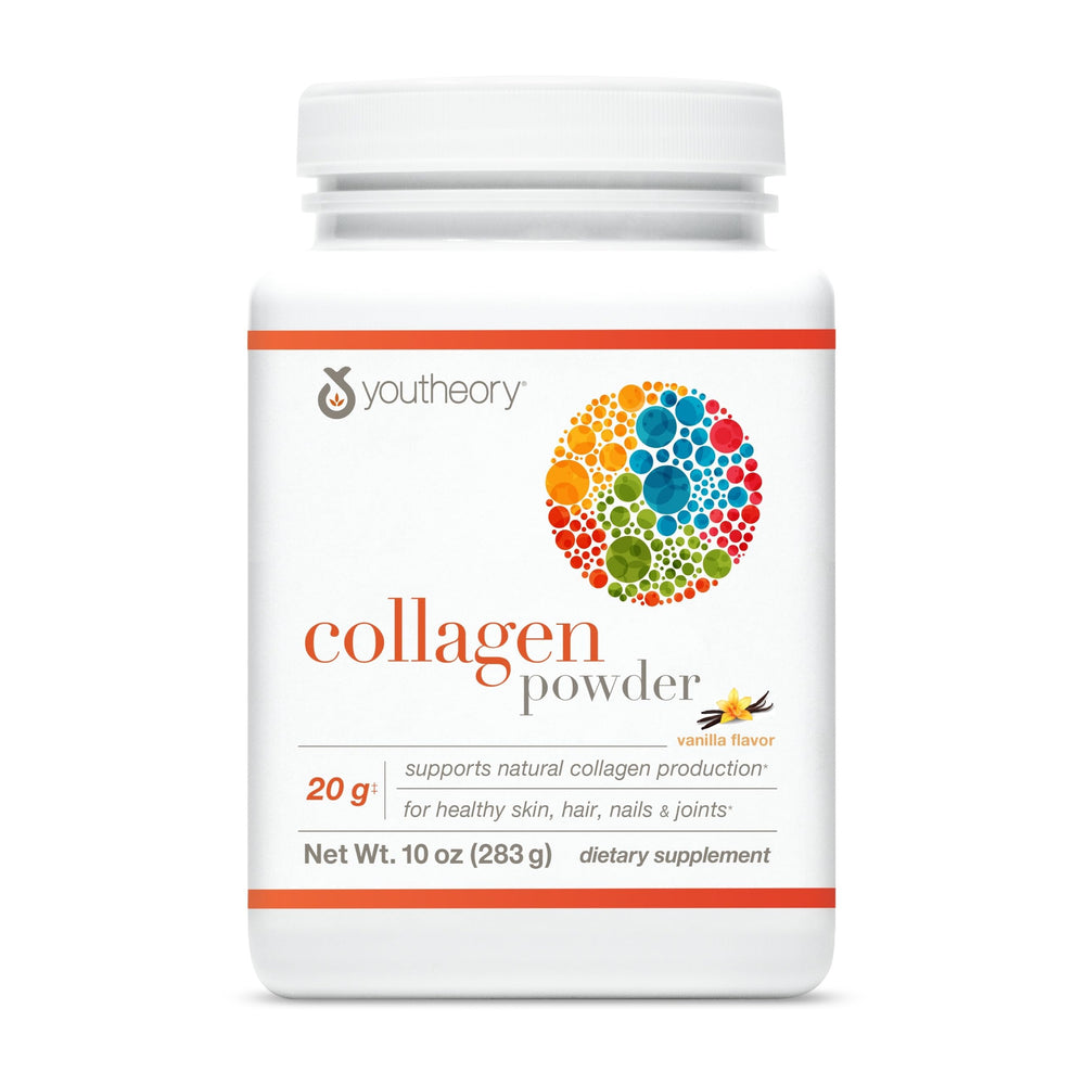 Youtheory collagen powder vanilla bottle highlights label for potential joint and immune support