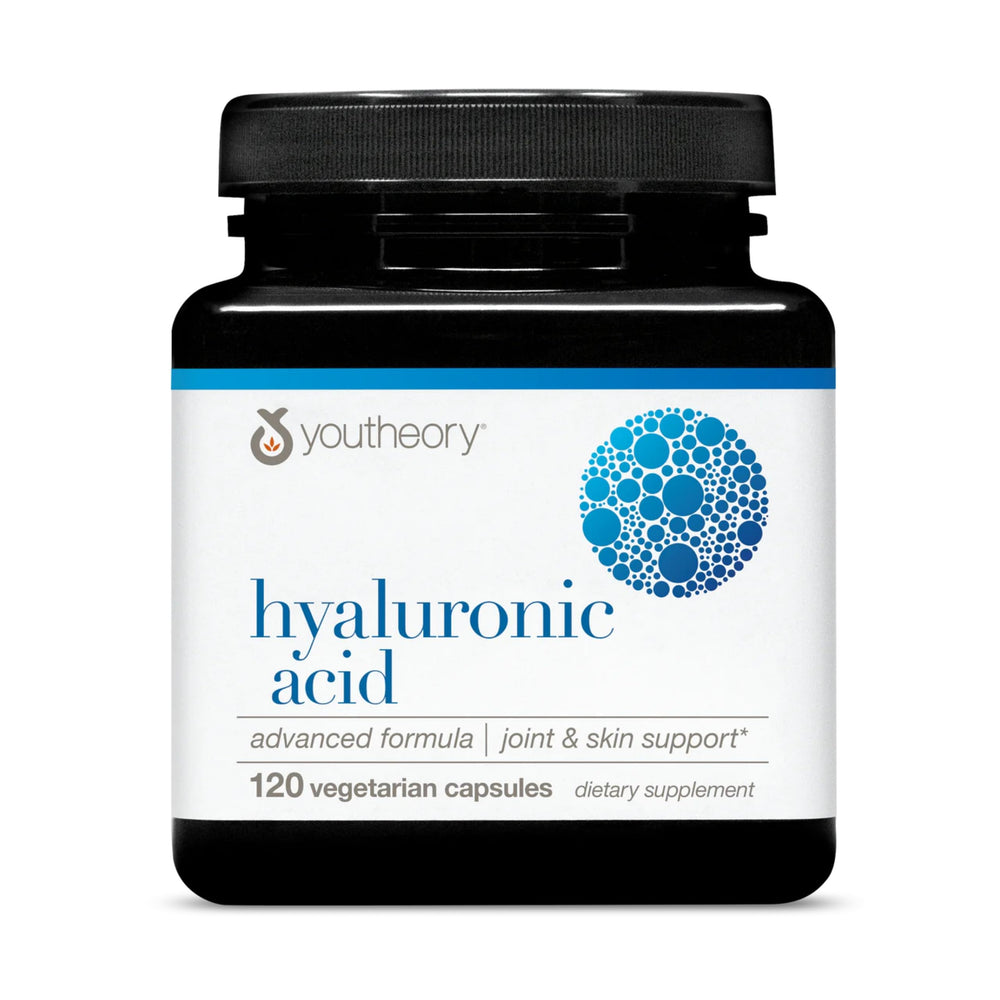 Youtheory Hyaluronic Acid Advanced bottle front showing joint and skin support.