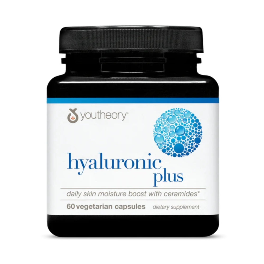 Youtheory Hyaluronic Plus bottle and pour showing daily hydration support