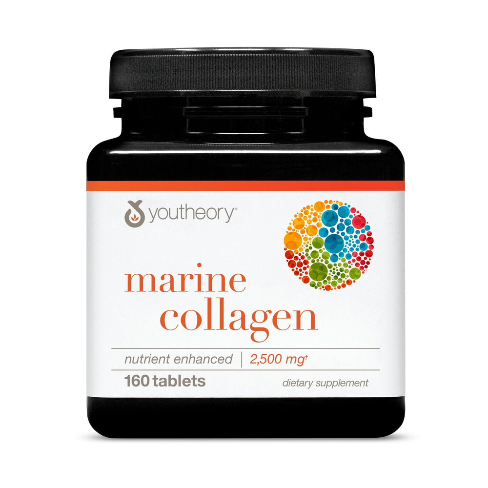 Youtheory marine collagen tablets bottle front showing 32-day supply for joint support