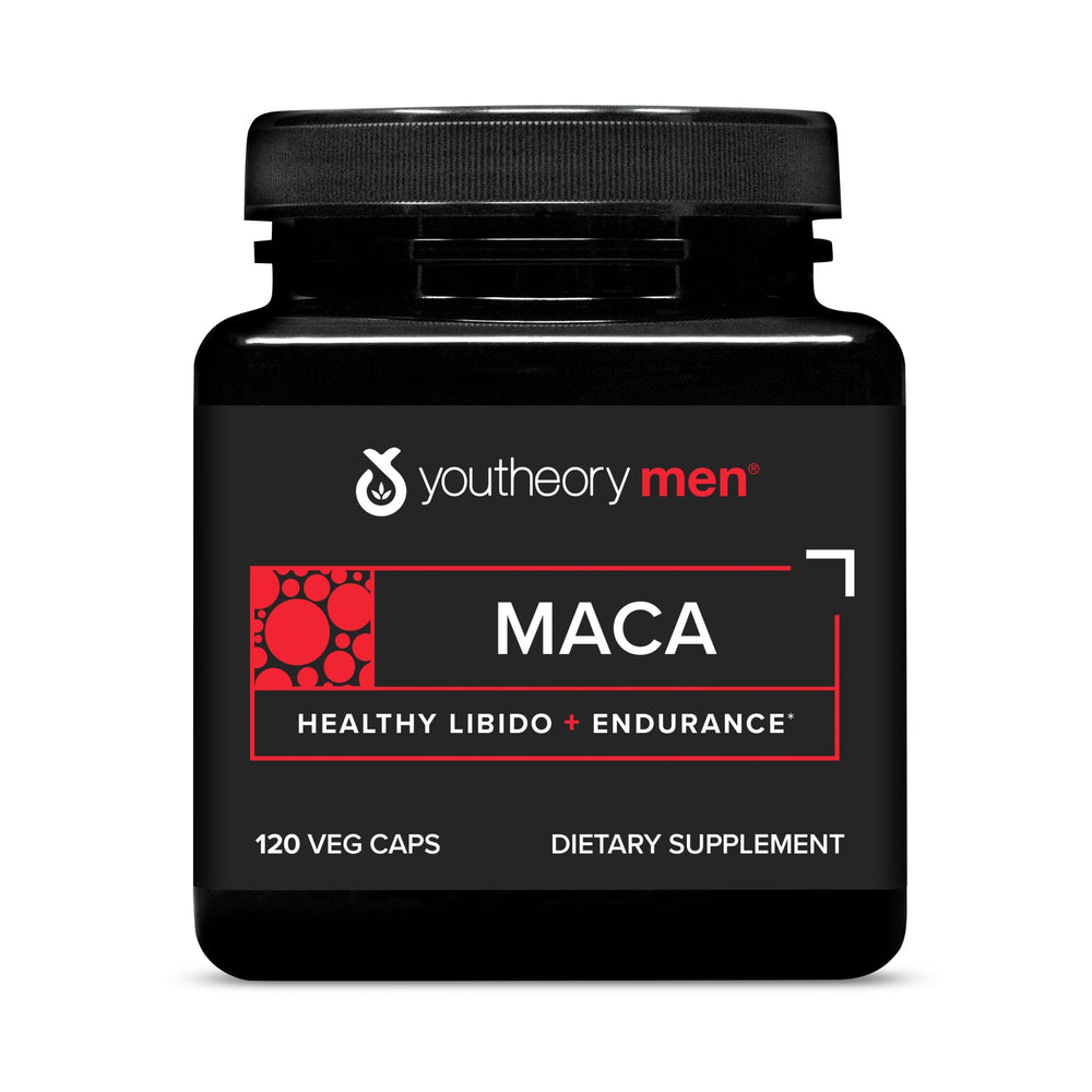 Youtheory Men's Maca bottle shown for convenient daily energy support