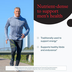 Youtheory Men's Maca label emphasizes vegan, dairy-free, gluten-free formula