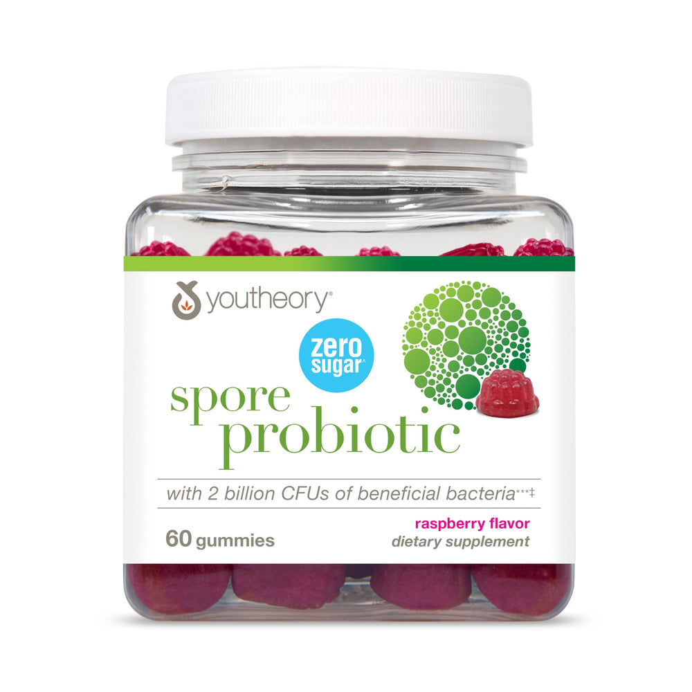 Youtheory Spore Probiotic Gummies bottle front showing sugar-free gut support.