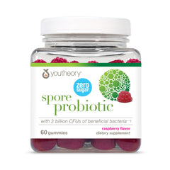 Youtheory Spore Probiotic Gummies bottle front showing sugar-free gut support.
