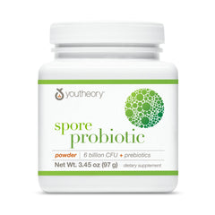 Youtheory Spore Probiotic Powder tub for daily gut support.