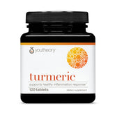 Youtheory Turmeric bottle front shows clear dosage for daily use.