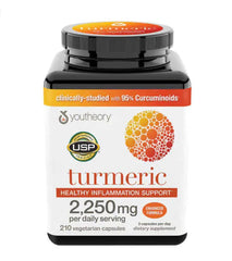 Youtheory turmeric curcumin bottle showing high-potency formula for daily antioxidant support.
