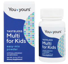 You+yours tasteless multivitamin powder bottle ready to mix into beverages.