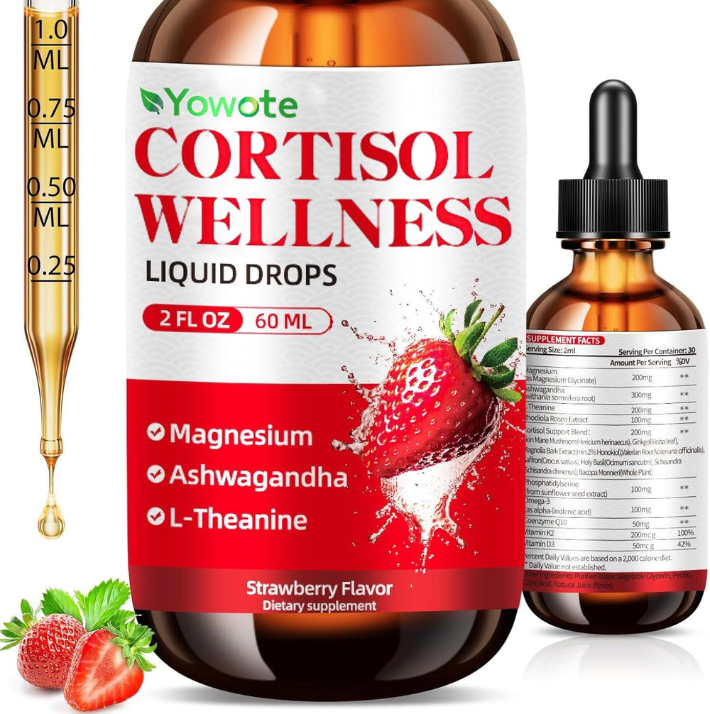 YOWOTE Cortisol Support bottle pour showing fast-acting liquid drops for relaxation.
