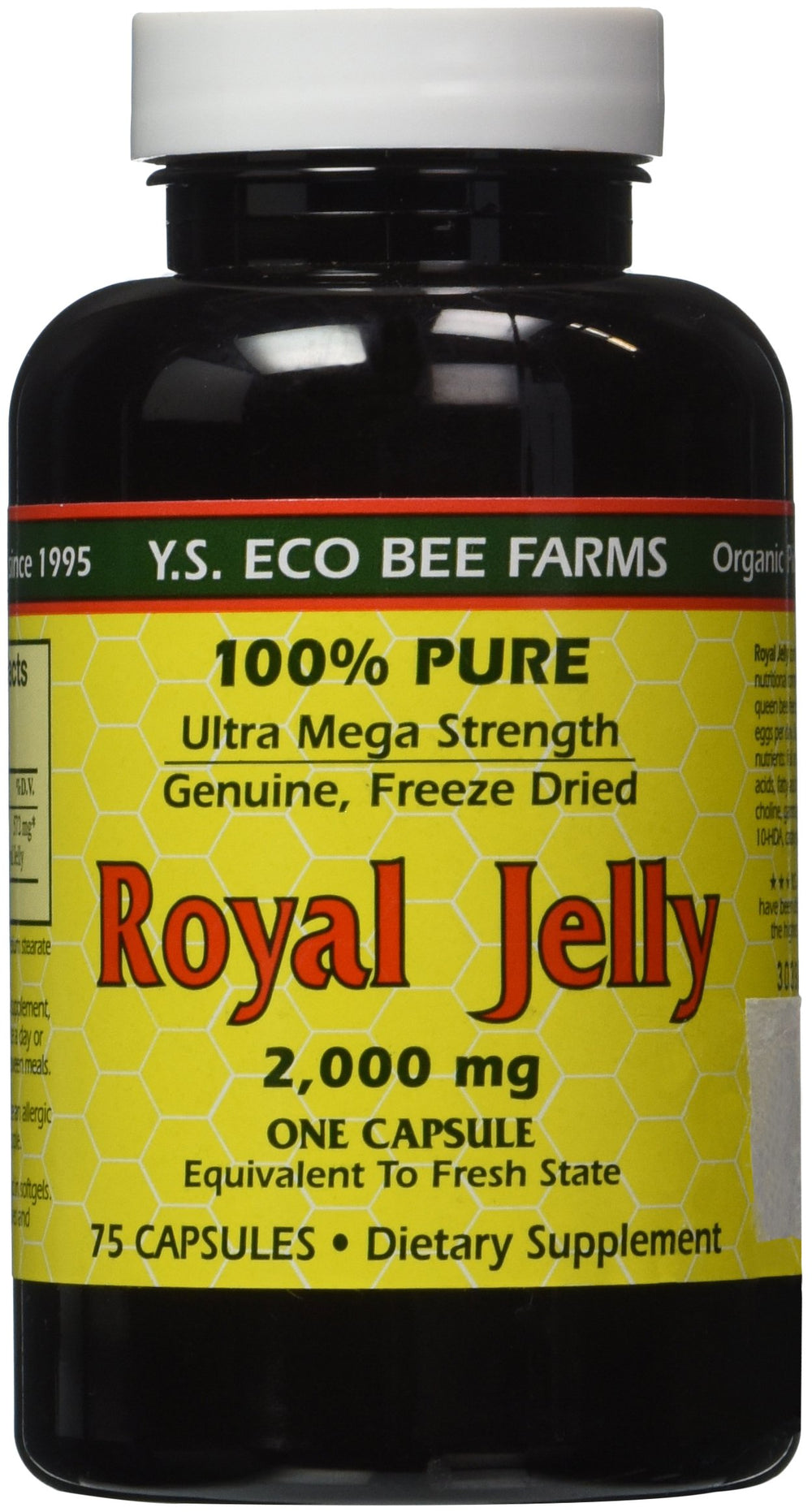 YS Eco Bee Farms Royal Jelly capsules close-up for daily wellness support.