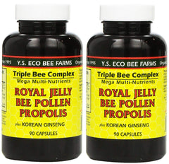 YS Eco Bee Farms royal jelly capsules in a bottle for daily energy support.