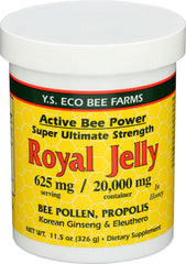 YS Eco Bee Farms Royal Jelly in Honey Ult Strength jar front view for daily nourishment.