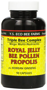 YS Eco Bee Farms Royal Jelly Pollen Propolis Ginseng bottle shows triple bee complex nutrients.