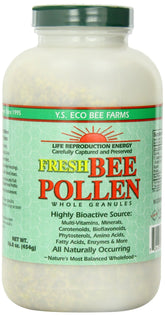 YS Organic Bee Farms fresh bee pollen granules bottle close-up, nutrient-dense texture for daily use