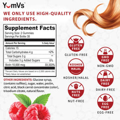 YUM-V'S Biotin Gummies bottle shows 10,000 mcg per serving for beauty support.
