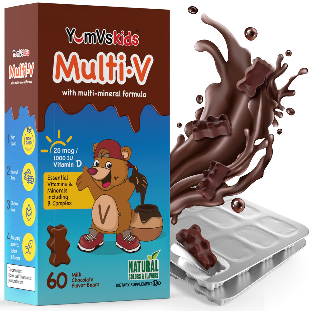 YUM-V'S Kids Multivitamin Chocolate Bears bottle front showing kid-friendly nutrition
