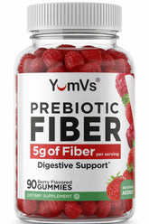 Yum-Vs prebiotic fiber gummies bottle promotes daily digestive comfort and convenience.