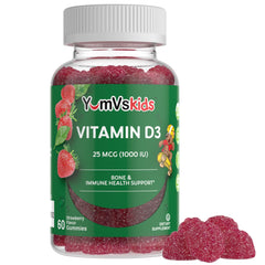 YUM-V'S Vitamin D kids bottle front shows a tasty daily vitamin D3 dose