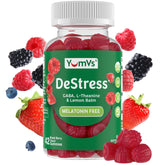 YUM-V'S De-Stress Gummies bottle label communicates calming mood support