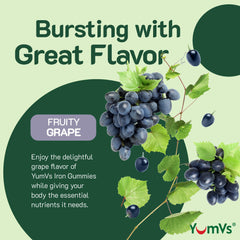 YUM-V'S Iron Gummies packaging highlights vitamin C and iron content for daily wellness.