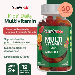 YUM-V'S vitamin and mineral label shows A, C, D3, and zinc benefits.