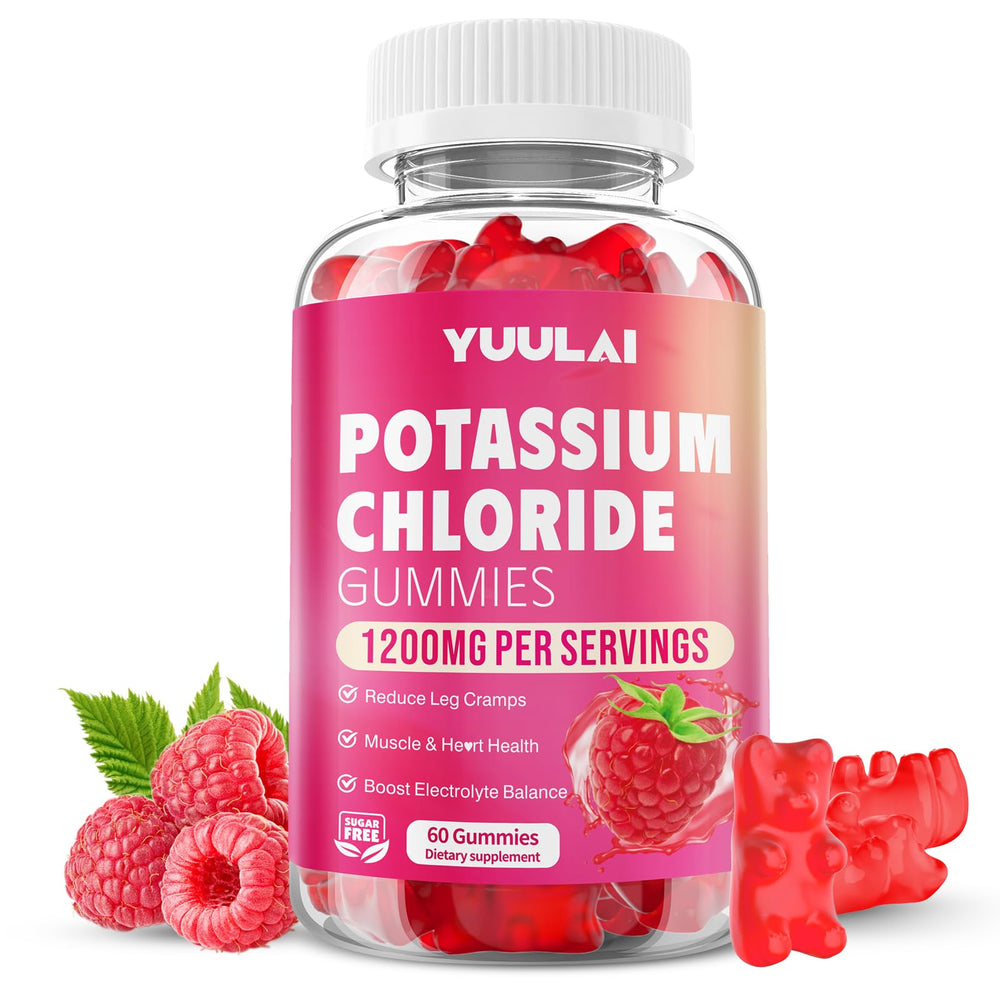 YUULAI Potassium Gummies bottle front highlights raspberry flavor and electrolyte support
