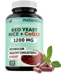 Yuve red yeast rice 1200mg capsules for daily cholesterol support.