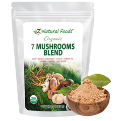 Z Natural Foods 7 Sacred Mushrooms blend packaging front highlights premium organic powder for daily wellness.