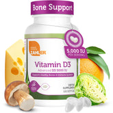 Zahler Advanced D3 5000 IU softgels bottle closeup for bone and immune support.