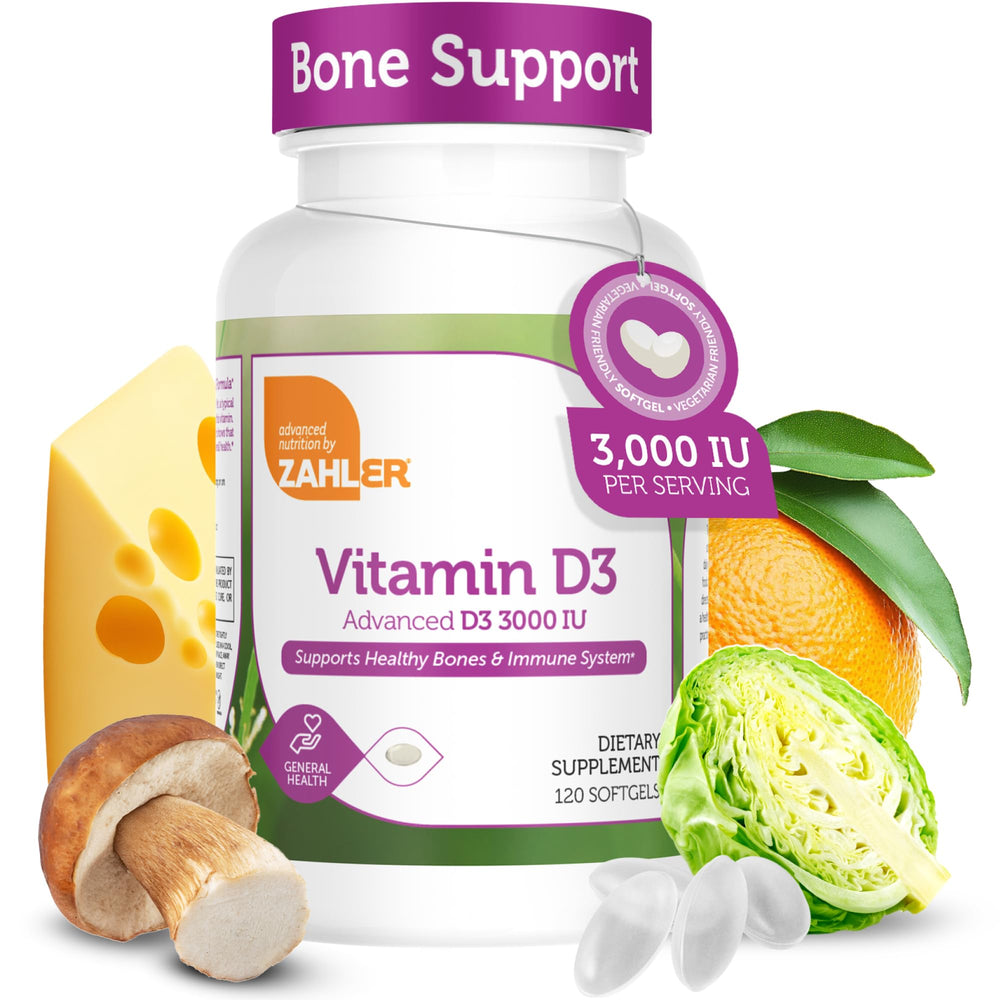 Zahler Advanced Vitamin D3 softgels bottle front may support bone health and daily wellness