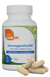 Zahler Ashwagandha capsules bottle for daily relaxation and steady focus.