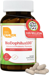Zahler BioDophilus100 bottle front with 100B CFU for digestive balance