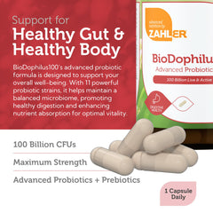 Zahler BioDophilus100 bottle nutrition facts highlighting probiotic potency