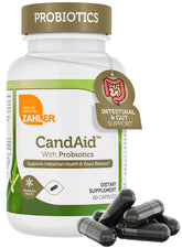 Zahler CandAid bottle packaging showing unflavored capsules for sensitive stomachs.