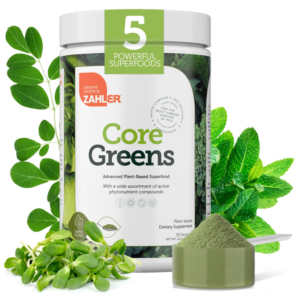 Zahler Core Greens powder bottle front highlights a phytonutrient rich daily boost.